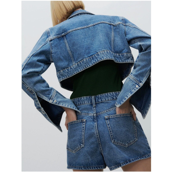 Zara Denim Jacket Womens Small Blue Jean Crop Cuffs Blogger Favorite 9374/271 - Picture 12 of 12